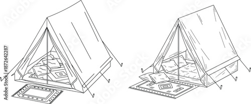 Handdrawn line art of camping tents with rugs and pillows, leisure activity