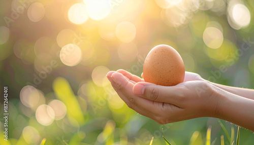 Hands holding brown egg gently on right side of frame with soft sunlight and green bokeh background, evoking peaceful and natural atmosphere
