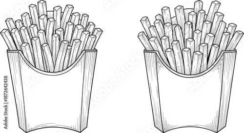 Handdrawn style illustration of two french fries paper containers, side by side, design