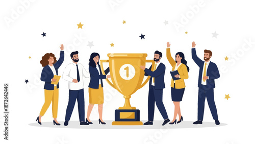 Team celebrating winning trophy, business success, teamwork, victory