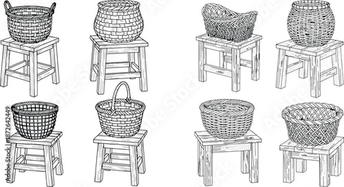Handdrawn wicker baskets on wooden stools illustration, vintage outline drawing style for crafts projects