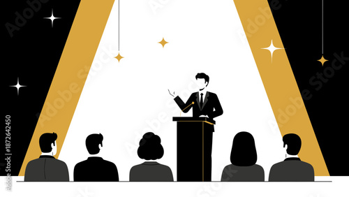 Speaker on Stage with Audience, Presentation, Speech, Spotlight, Business Event