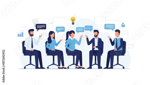 Business team brainstorming, meeting, and discussing ideas with speech bubbles and lightbulb