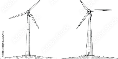 Handdrawn wind turbine illustration set for sustainable energy concepts in vintage style