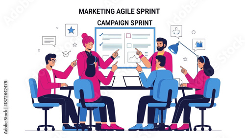 Agile marketing team planning campaign sprint in meeting room, brainstorming ideas