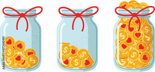 Glass jars filled with gold coins and heart symbols, savings and love concept vector illustration on white background