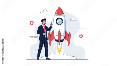Businessman Launching Rocket Ship - Startup, Success, Innovation Concept