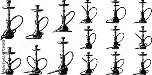 Hookah shisha pipe silhouettes collection, oriental smoking instrument with hose, vapor cafe symbol