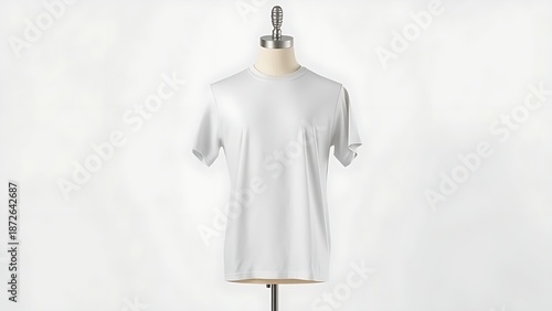 Minimalist blank t-shirt displayed on simple mannequin, showcasing clean and professional aesthetic.
