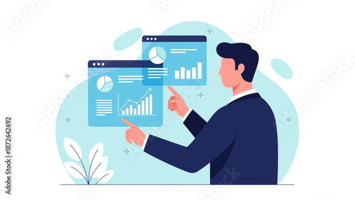 Businessman analyzing financial charts on digital screens, data visualization concept