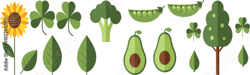 Green nature and organic food vector set with leaves, vegetables, avocado, peas, clover, trees, and floral elements