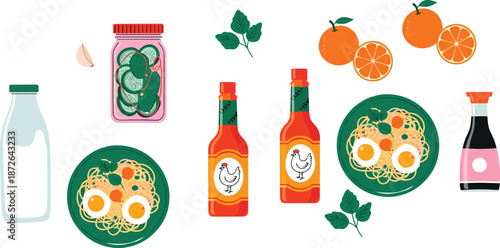 Healthy food and kitchen ingredient vector set with pasta dishes, sauces, fruits, bottles, and cooking elements