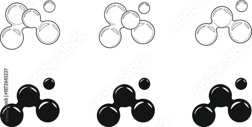 Bubble icon illustration set featuring outlined and solid soap bubbles in various clustered shapes for cleaning, water, and design themes