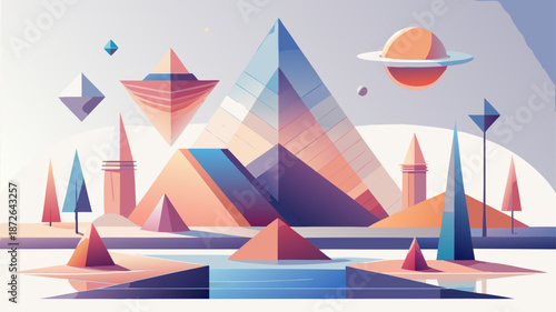 Fantasy landscape with pyramids and castle