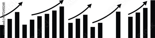 Business growth bar chart illustration featuring upward arrows showing increasing statistics, financial progress, analytics, and performance trends