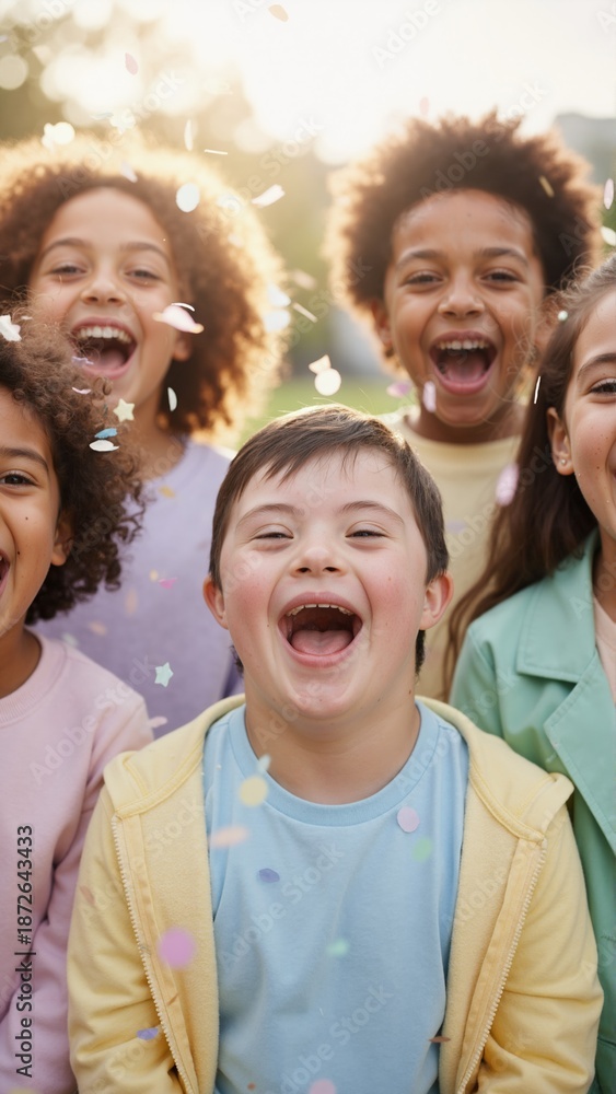 Obraz premium Happy boy with Down syndrome laughing with diverse group of friends. Vertical photo of inclusive childhood celebration with falling confetti outdoors. Joyful multiethnic kids representing friendship