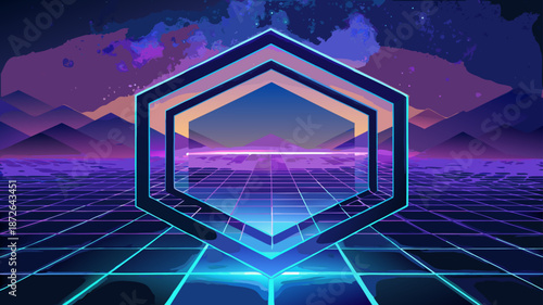 Futuristic hexagon in neon landscape
