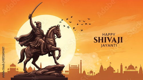 Chhatrapati shivaji maharaj equestrian warrior illustration at sunrise symbolizing maratha leadership courage indian history cultural pride and heritage skyline