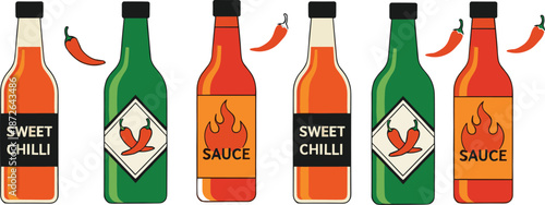 Hot chili sauce bottle vector set with spicy pepper condiment packaging labels in flat colorful illustration style