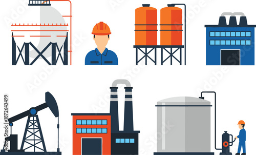 Industrial oil and gas refinery icons set with factories, tanks, pipelines, workers, and fuel truck in flat vector illustration