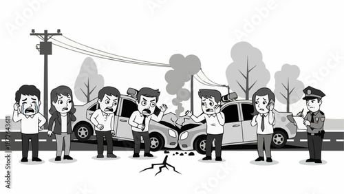 Car accident scene with people and police officer.