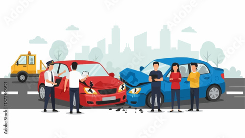 Car accident scene with people and tow truck illustration.