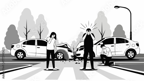 Car accident scene with distressed people and damaged vehicles.
