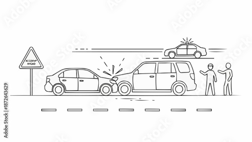 Car accident scene with police car and onlookers.