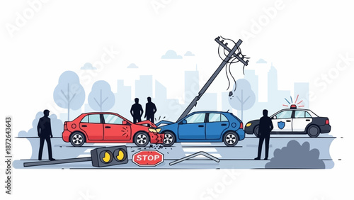 Car accident scene with police officers and damaged vehicles.