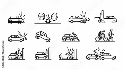 Car accident icons representing various traffic incidents and road safety.
