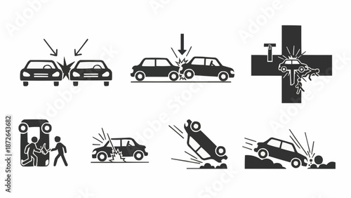 Car accident icons showing different types of collisions and consequences.