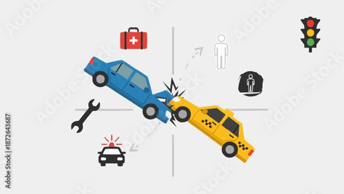 Car accident illustration showing collision between blue car and yellow taxi.