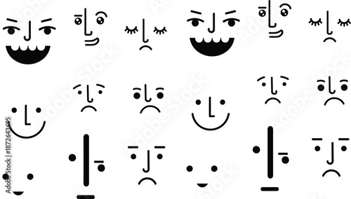 Minimal facial expression icon vector set with abstract human faces showing emotions in simple black line style