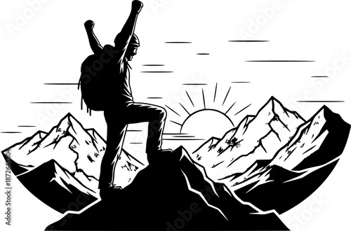 Mountaineer Climber Summit Silhouette Peak Triumphant Victory Achievement Success Black Vector Isolated White Background Alpine Expedition Goal Conquering Mountain