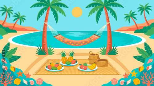 A vibrant tropical beach illustration with a hammock, pool, and a picnic spread of fresh fruits under palm trees.