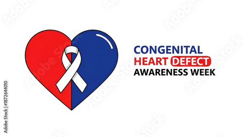 Congenital heart defect awareness illustration with red blue heart ribbon symbol for medical health education support campaign and prevention care