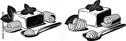 illustration of butter portion, curl, and spoon, garnished with fresh mint leaves, monochrome design