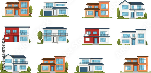 Modern suburban house building vector set with flat residential architecture illustrations for real estate and property design