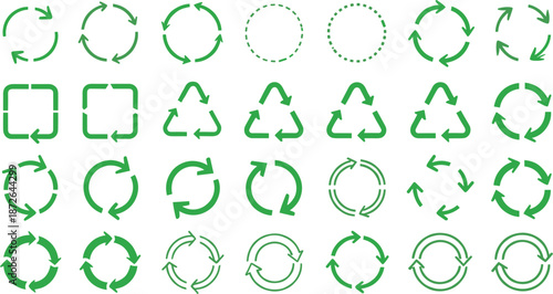 Green recycling and circular arrow icon set featuring eco symbols, cycle loops, sustainability graphics, and environmental design elements