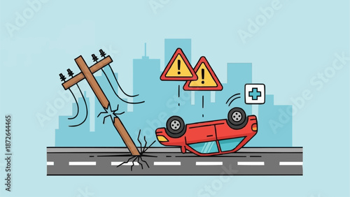 Car accident with overturned vehicle and damaged power pole.