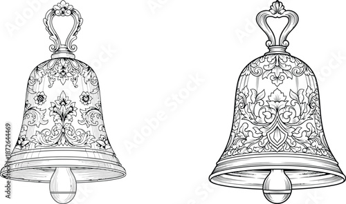 Intricate floral ornamental bell designs, two detailed handdrawn vectors, vintage style, line art