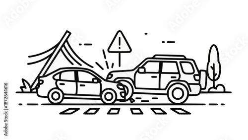 Car crash illustration with warning sign and damaged vehicles.