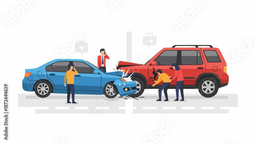 Car crash scene with people assessing damage.