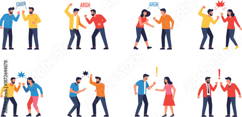 People arguing and fighting illustration set showing conflict anger disagreement confrontation scenes in flat cartoon vector style