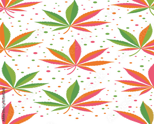 Seamless colorful cannabis leaf pattern vector with stylized marijuana foliage in modern decorative flat illustration style
