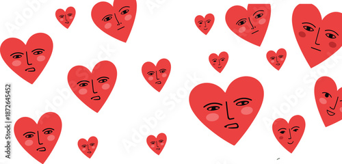 Seamless heart face pattern vector with abstract emotional expressions, romantic love symbols, and modern playful flat illustration style