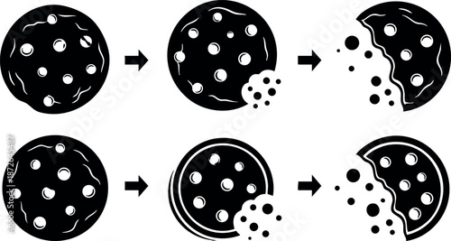 Cookie eating sequence vector showing chocolate chip cookie progressively disappearing in black and white design