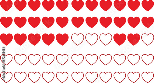 Red heart icon set featuring filled and outline heart symbols for love, romance, ratings, decoration, and Valentine designs