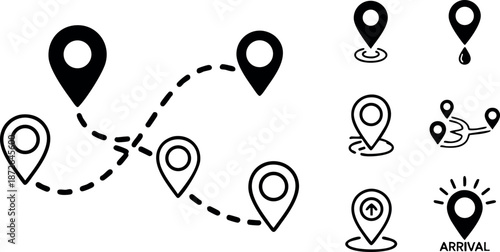 Location map icons with dotted route and arrival marker in simple black vector style for navigation and travel design elements
