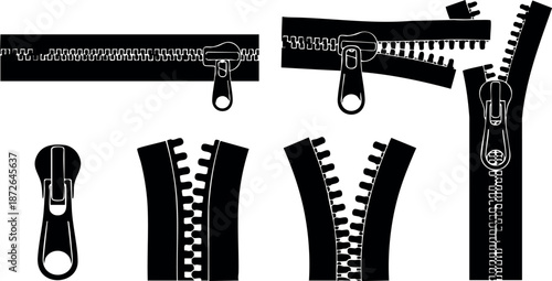 Black zipper parts set with slider and teeth different positions isolated on white background vector illustration